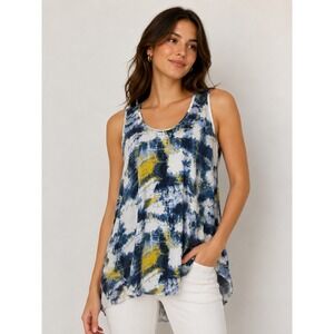 BP.Blue Yellow Abstract Watercolor High-Low Scoop Neck Tank Top Large BP318047JR